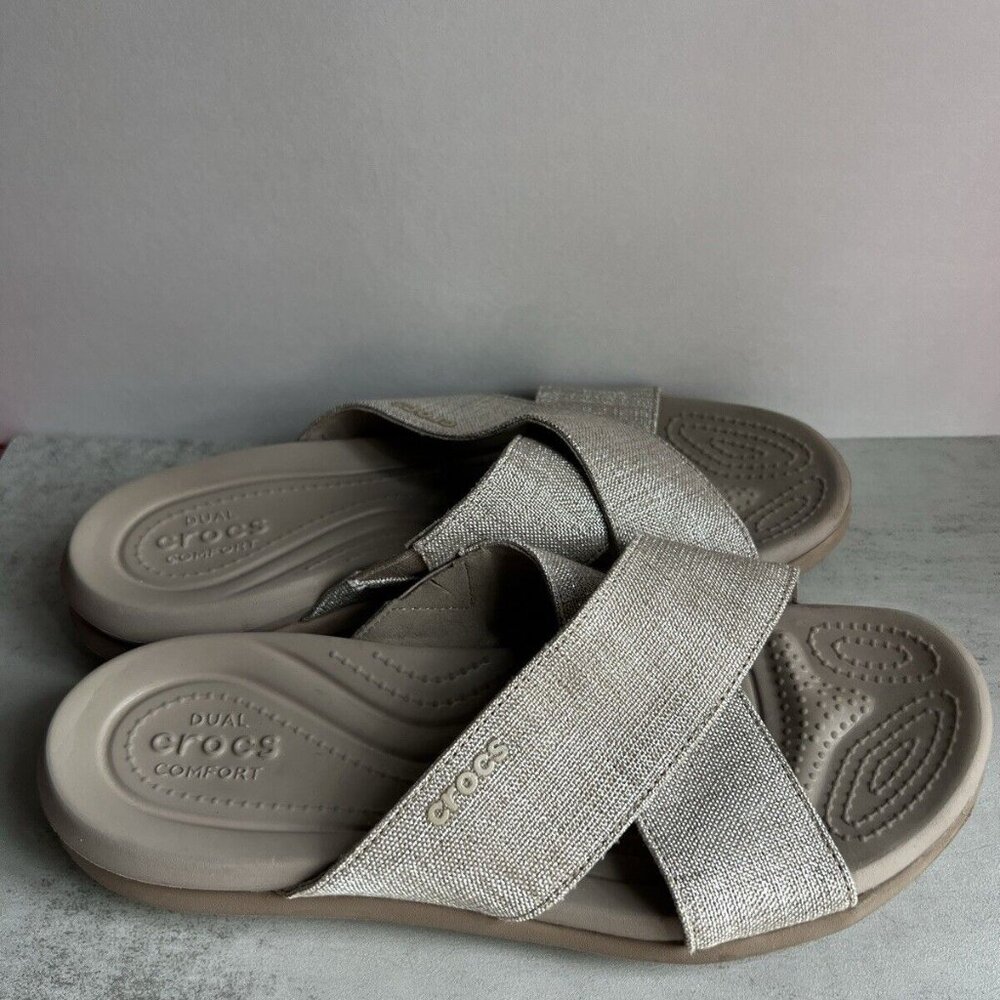 CROCS Women's Metallic Taupe Cross-Band Sandals - Picture 11 of 16